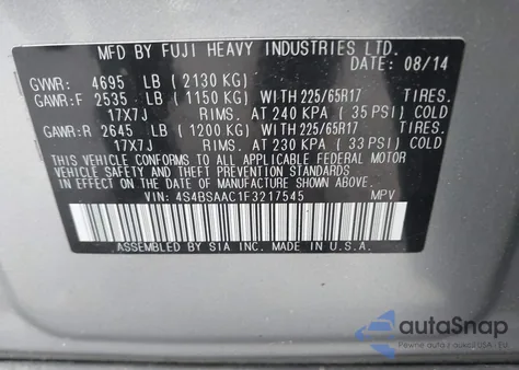 2015 Subaru Outback 2.5I из США, поврежденный, VIN 4S4BSAAC1F3217545